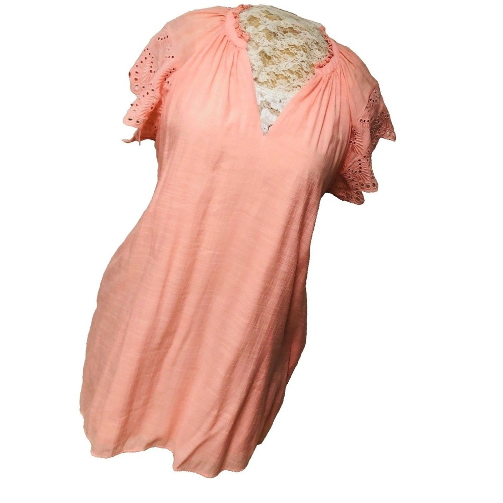 Coral Peach Gauze Like Dress Eyelet Flutter Lined Pockets Fairy Boho Womens XL